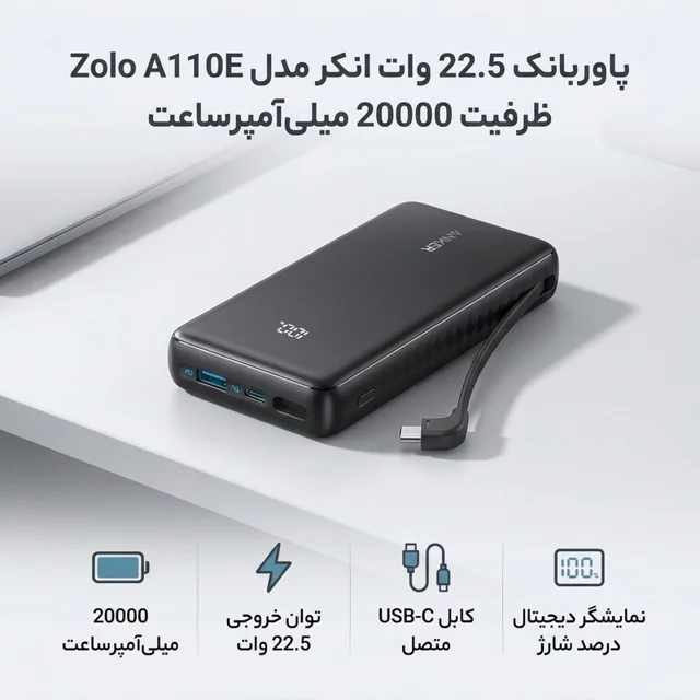 پاوربانک 22.5 وات انکر مدل Zolo A110E ظرفیت 20000 میلی‌آمپرساعت 102300687