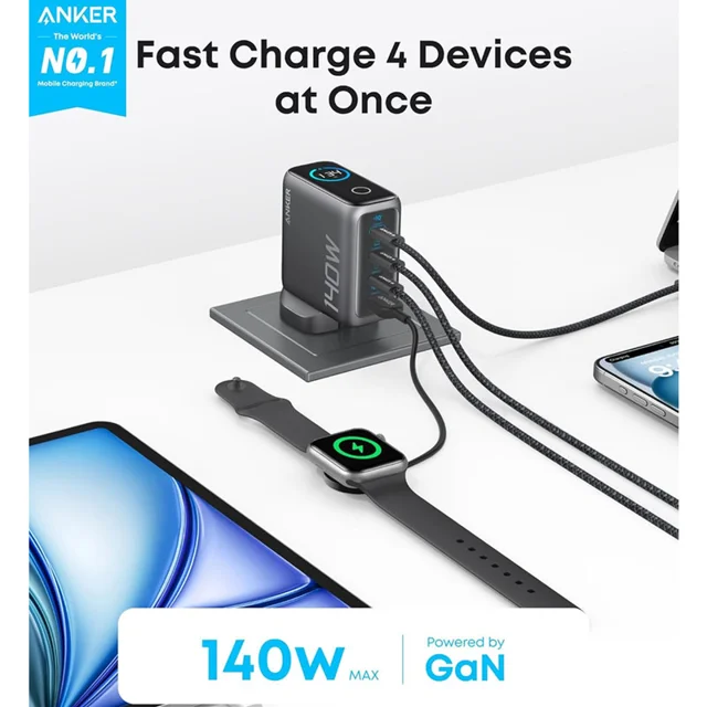 شارژر دیواری 140 وات 4 پورت انکر مدل B0DPKP7RD8 به همراه کابل USB-C به طول 1.5 متر 102368218