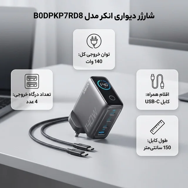 شارژر دیواری 140 وات 4 پورت انکر مدل B0DPKP7RD8 به همراه کابل USB-C به طول 1.5 متر 102368211