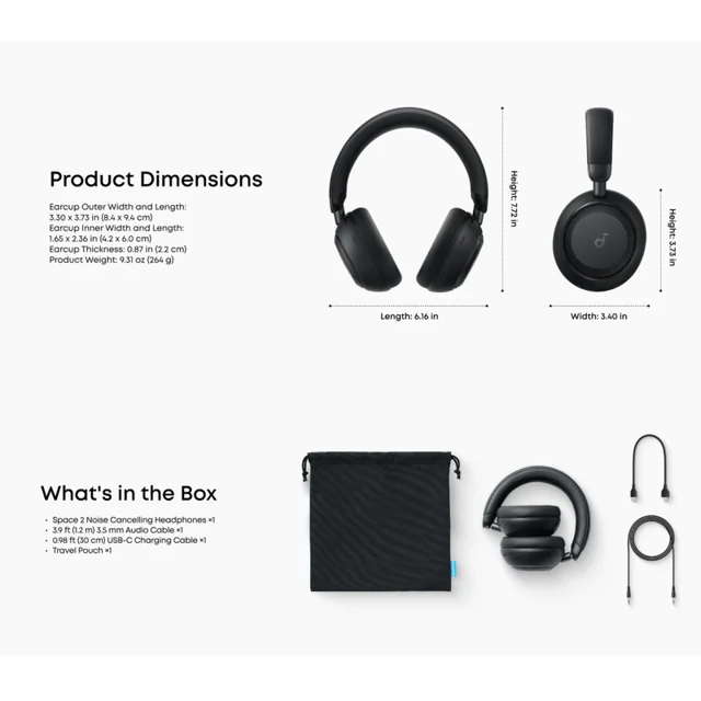 هدفون بلوتوثی انکر مدل Soundcore Space 2 با نویز کنسلینگ فعال ANC، صدای Hi-Res و شارژدهی ت 102254103