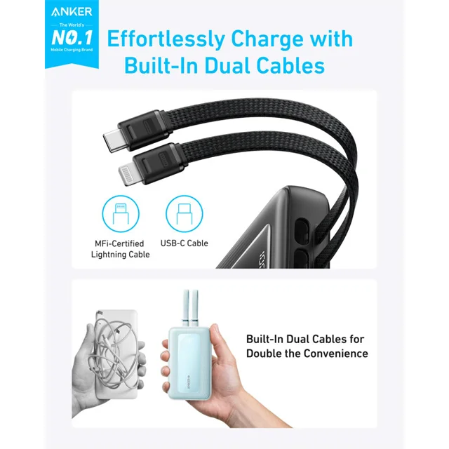 پاوربانک انکر مدل A1681 ظرفیت 20000 میلی آمپر ساعت به همراه کابل لایتنیگ و کابل USB Type-C 102301471