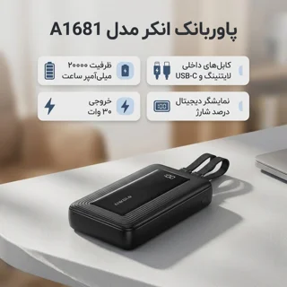 پاوربانک انکر مدل A1681 ظرفیت 20000 میلی آمپر ساعت به همراه کابل لایتنیگ و کابل USB Type-C 102301467